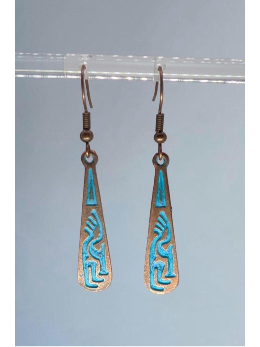 Kokopelli Dangle Earrings, Antique Style Copper Patina Tone Southwestern - Picture 2 of 10